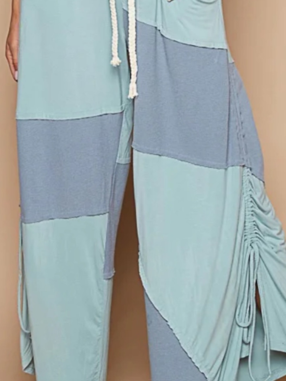 POL Patchwork Wide-Leg Jumpsuit in Light Blue and Dusty Blue